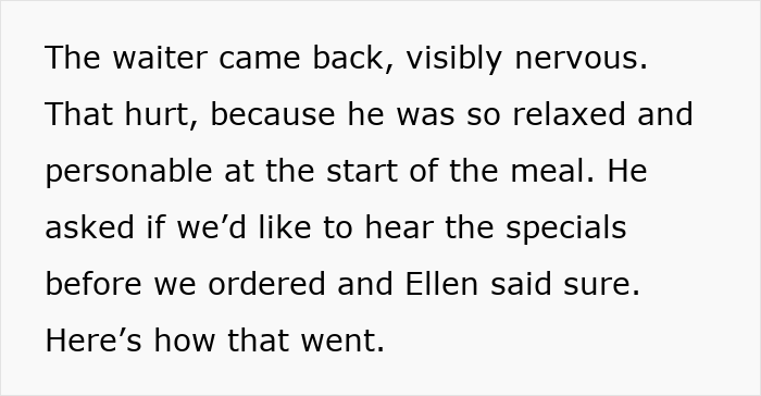 Description of nervous waiter and relaxed start to meal during dinner fiasco Description of nervous waiter and relaxed start to meal during dinner fiasco