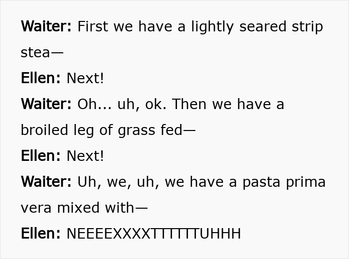 Dialogue showing waitress rejecting specials during restaurant dinner fiasco Dialogue showing waitress rejecting specials during restaurant dinner fiasco