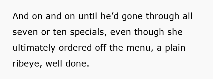 Text about ordering a well-done ribeye during restaurant dinner fiasco Text about ordering a well-done ribeye during restaurant dinner fiasco