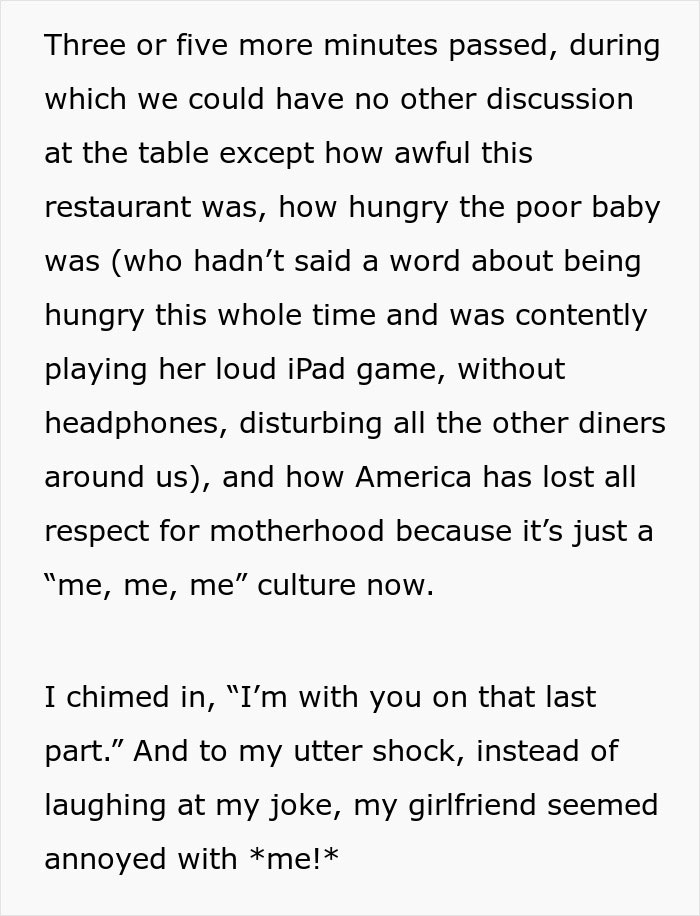 Text describing frustrating restaurant experience and disrespectful motherhood culture Text describing frustrating restaurant experience and disrespectful motherhood culture