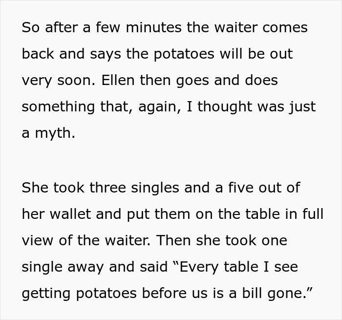 Text about woman putting money on table to pressure waiter in restaurant Text about woman putting money on table to pressure waiter in restaurant