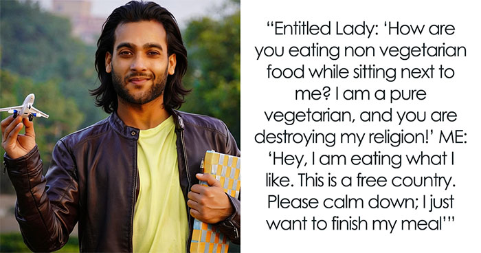 Karen Shames Guy For Eating Meat Near Her, Claims He Ruined Her Religion, Pilot Intervenes