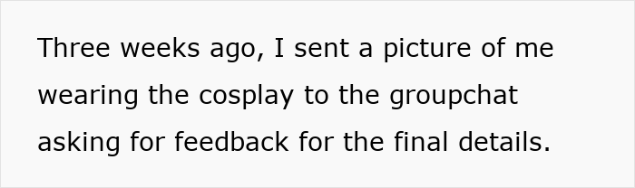 Text about sending cosplay photo to groupchat for feedback on details Text about sending cosplay photo to groupchat for feedback on details
