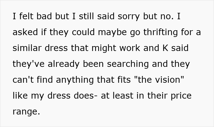 Text excerpt about searching for a similar dress after refusing to lend dream wedding dress Text excerpt about searching for a similar dress after refusing to lend dream wedding dress