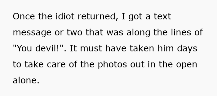 Text on a light background, detailing a Fianc&eacute;e leaving a cheating partner, mentioning a "You devil!" text message and dealing with photos.