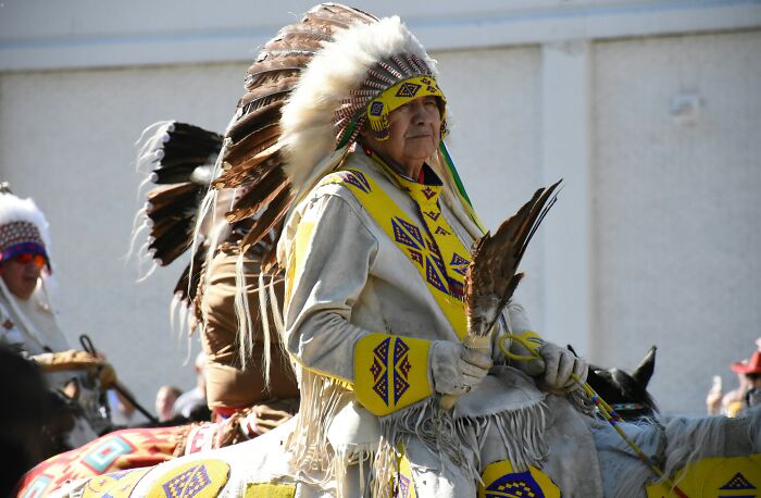 Native American man in traditional headdress at January 6 parade