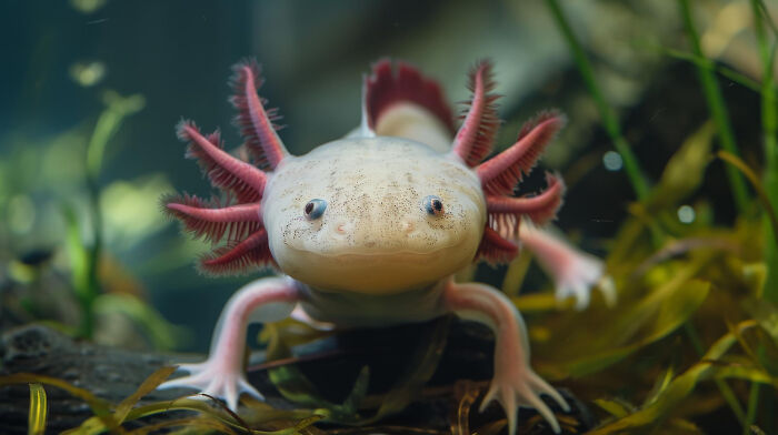 Axolotl salamander with pink feathery gills underwater