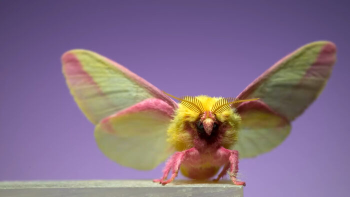 Yellow and pink moth with fuzzy body on purple background