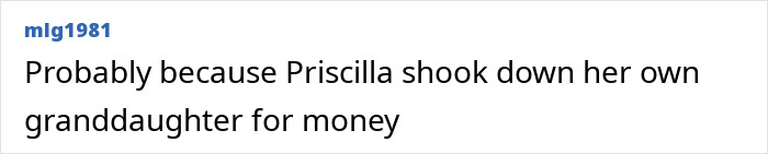 A user comment, 'Disgusting Creature': "Probably because Priscilla shook down her own granddaughter for money," on Priscilla Presley controversy.