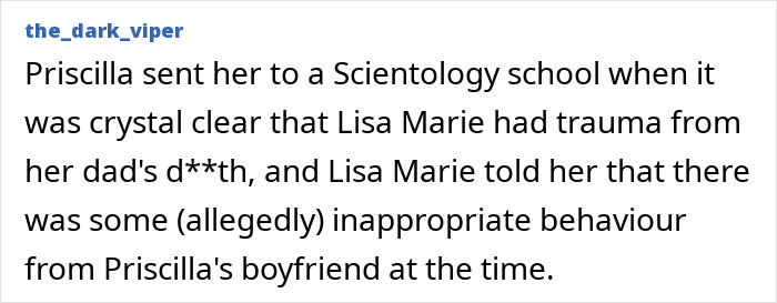 Text post by 'the_dark_viper' discussing Priscilla Presley, Lisa Marie's passing, Scientology, and alleged inappropriate behavior.
