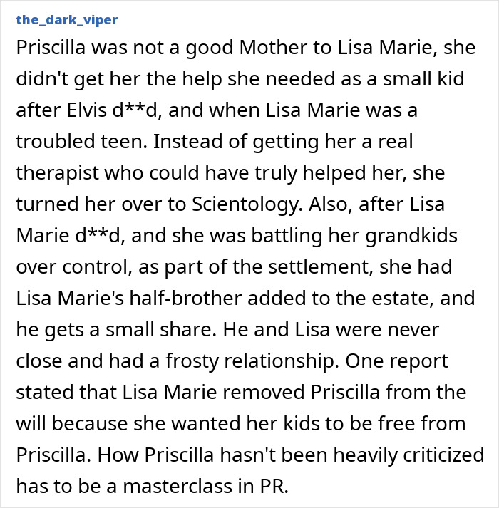 A social media post criticizing Priscilla Presley, labeling her a "disgusting creature" regarding Lisa Marie's passing.