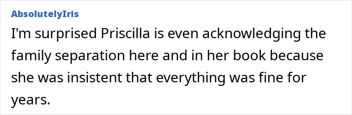 A user comment from "AbsolutelyIris" about Priscilla Presley acknowledging family separation, relating to Lisa Marie's passing.