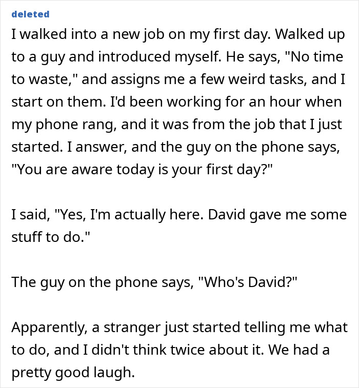 First day at new job but assigned tasks by stranger confusing real-life plot twist