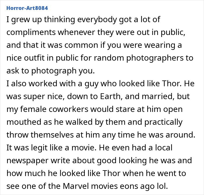 Experience of pretty privilege as a man resembling Thor attracting female attention