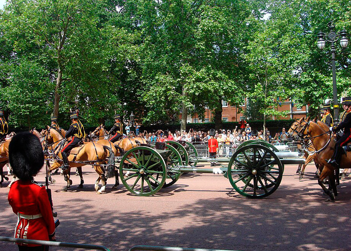 Horse-drawn artillery procession with soldiers in ceremonial uniform during royal horse show Horse-drawn artillery procession with soldiers in ceremonial uniform during royal horse show
