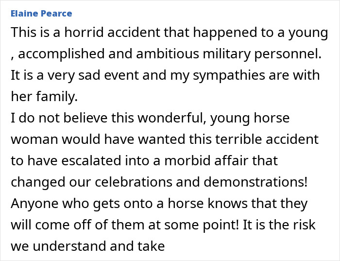 Close-up of emotional comment on female soldier horse accident Close-up of emotional comment on female soldier horse accident