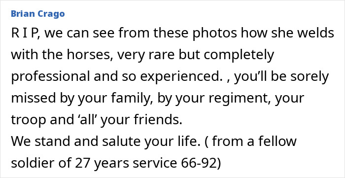 Comments honor the female soldier's rare bond and experience with horses during horse show Comments honor the female soldier's rare bond and experience with horses during horse show