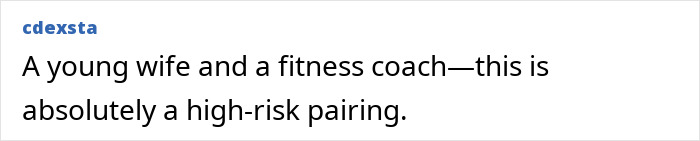 Comment describing young wife and fitness coach as high-risk pairing in viral fall clip