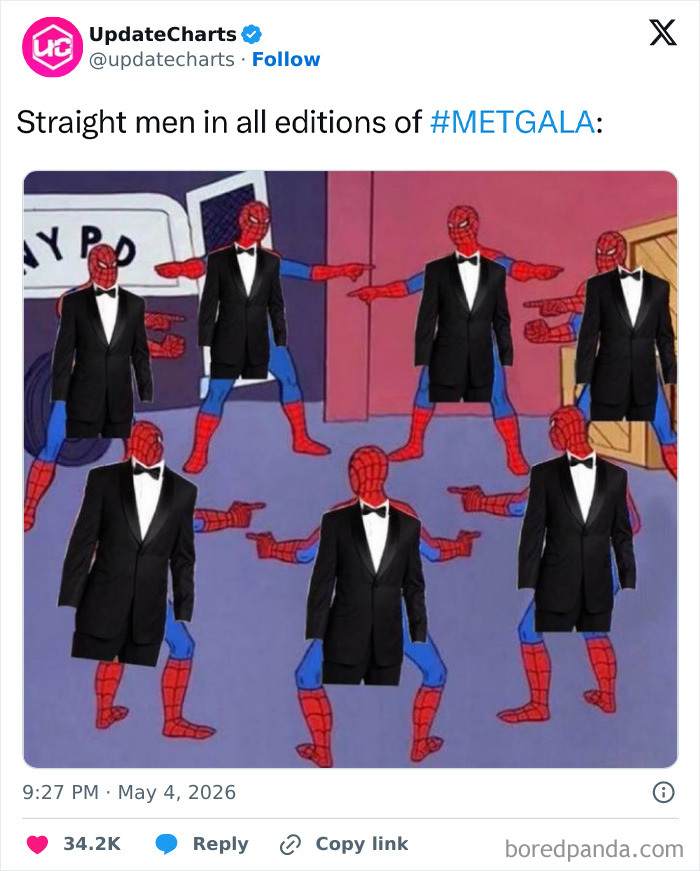 Hilarious MET Gala reactions show Spiderman meme with many Spiderman bodies wearing tuxedos, pointing at each other.