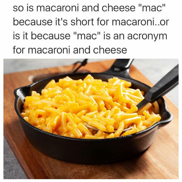 Funny macaroni and cheese mac acronym meme with cast iron skillet