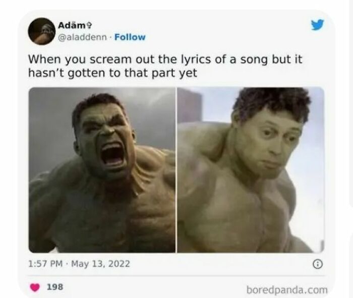 Funny meme about singing lyrics before the song part with two Hulk images