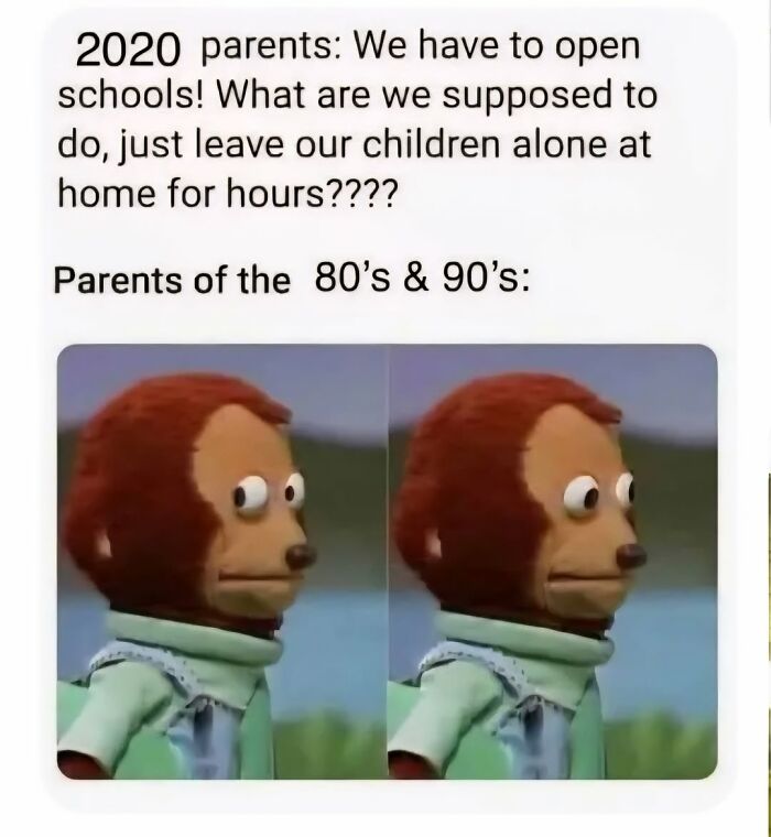 Humorous meme comparing 2020 parents with 80s and 90s parents with monkey puppet