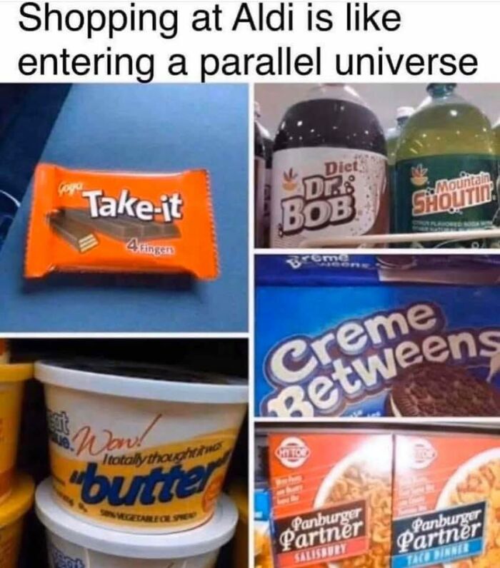 Humorous image comparing Aldi store products to parallel universe brands