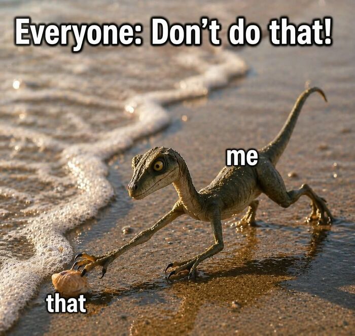Dinosaur on beach meme captioned me vs that with advice