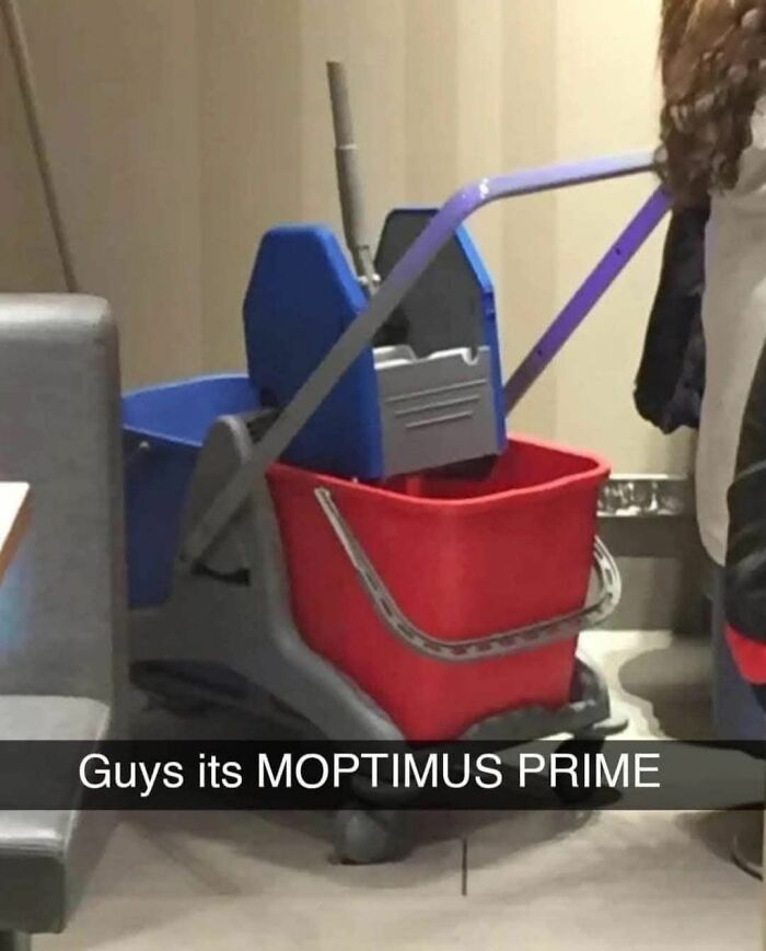 Cleaning mop bucket labeled Moptimus Prime meme