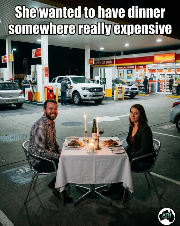 Couple dining at gas station representing expensive dinner meme