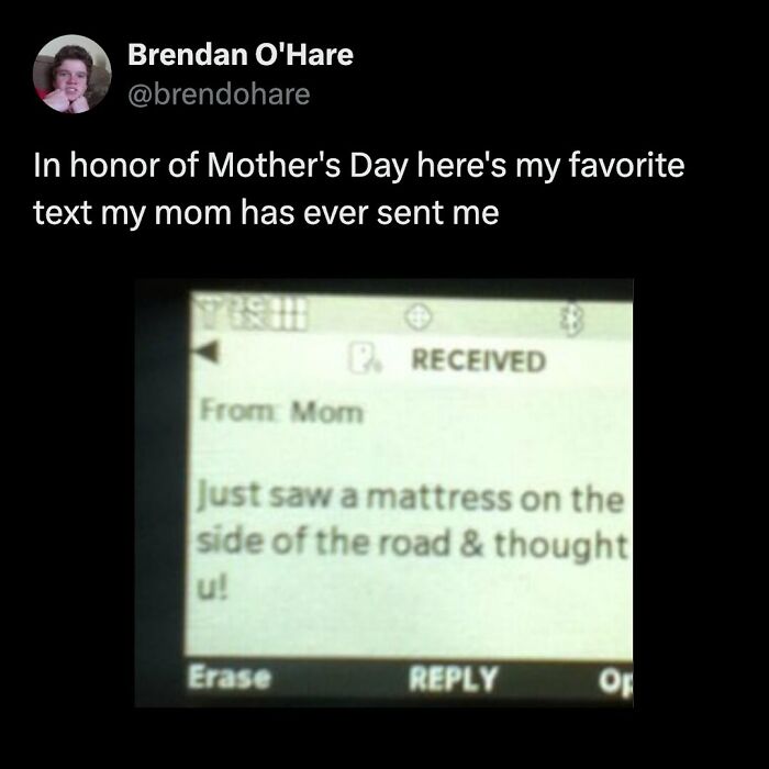A tweet from Brendan O'Hare showing a funny Mother's Day text message from his mom about a mattress, capturing the ups and downs of motherhood.