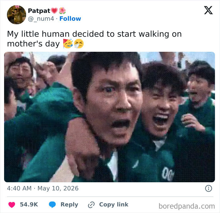 A screenshot of a tweet with a Squid Game meme. Two men in green tracksuits react with wide-eyed surprise, highlighting the ups and downs of motherhood on Mother's Day.