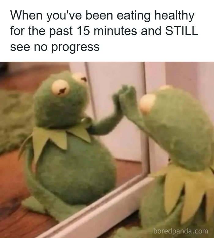 Kermit the Frog looks in a mirror with a frustrated expression, a funny meme about diet progress that brings out laughter.