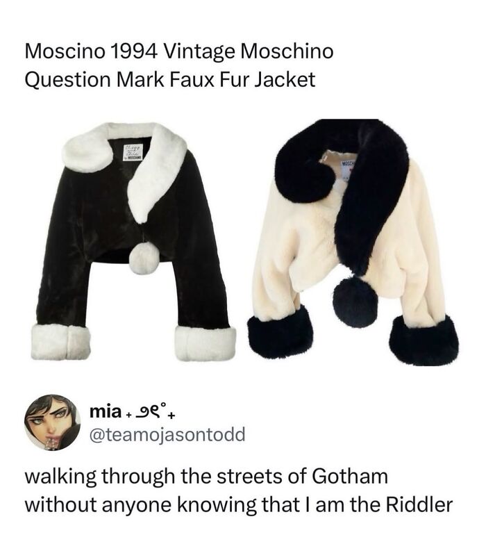 Vintage Moschino faux fur jackets with a Batman Gotham joke
