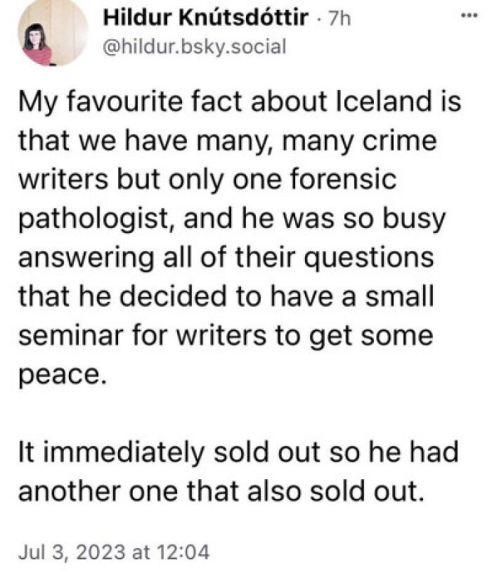 Text meme about Iceland's crime writers and forensic pathologist