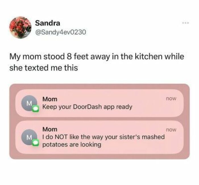 Text message humor about mom texting from kitchen