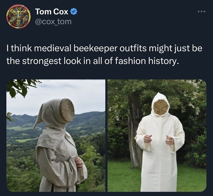 Tweet about medieval beekeeper outfits being a strong fashion look