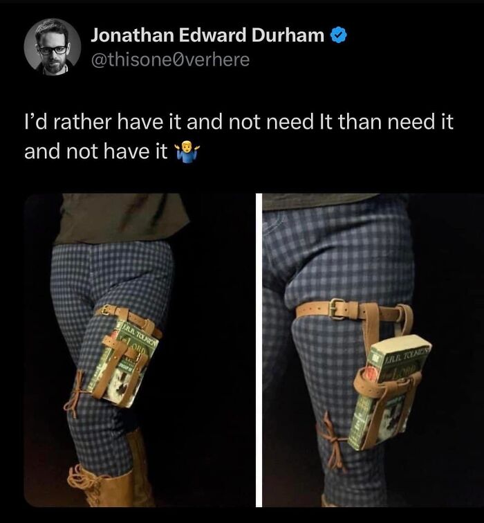 Funny tweet featuring leg holster carrying a book for preparedness