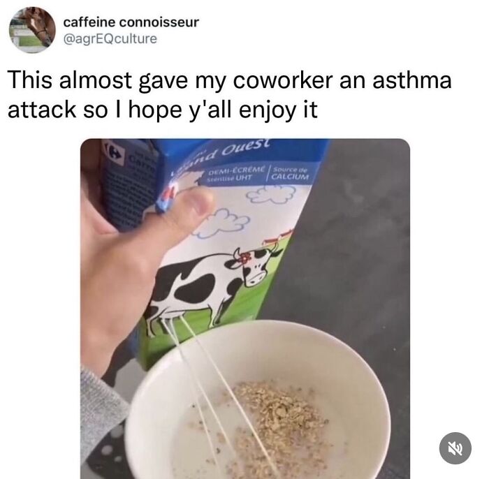 Tweet and photo of milk poured aggressively on cereal meme