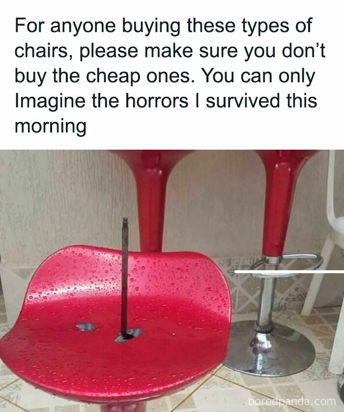 Funny chair meme warning about cheap chairs with dangerous nail
