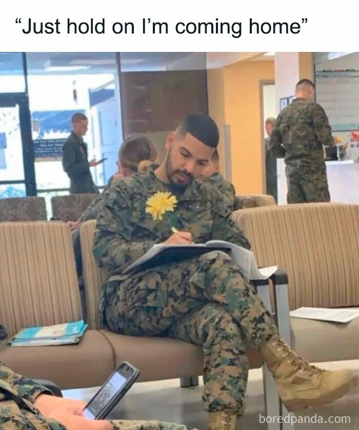 Soldier with a flower writing a letter meme about coming home