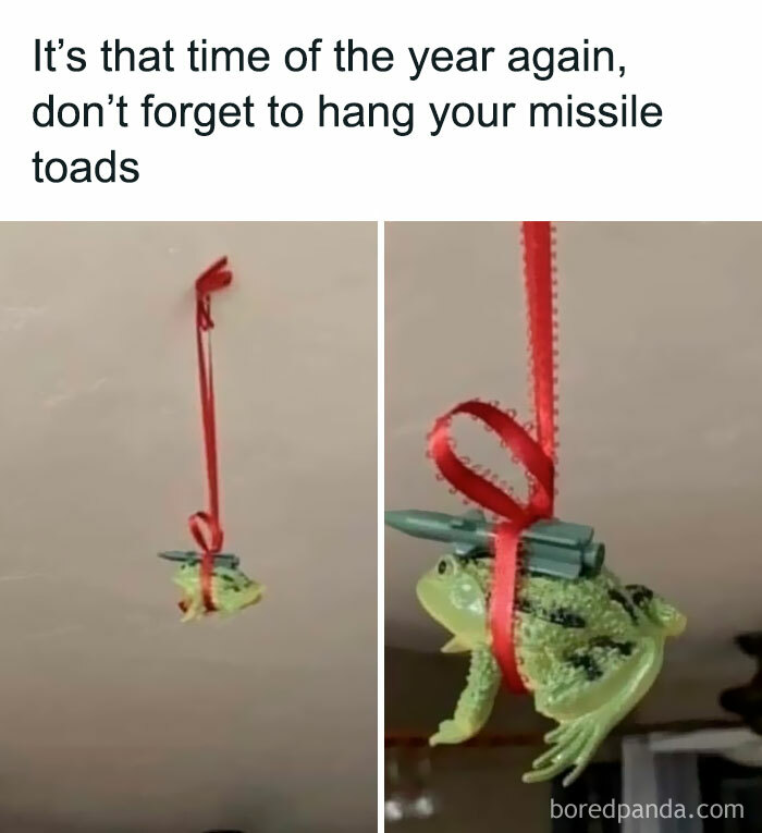 Missile toad decoration hanging from ceiling with red ribbon in random meme