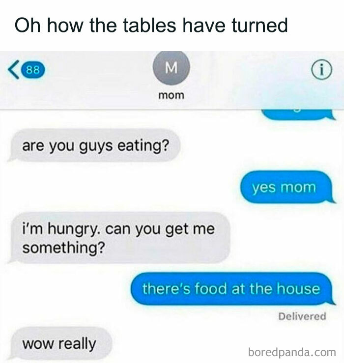 Random meme text conversation about eating food at home