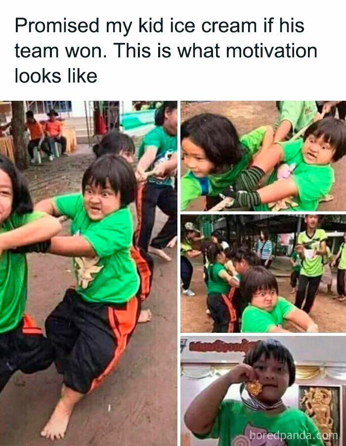 Motivational random meme of a child playing tug of war and winning