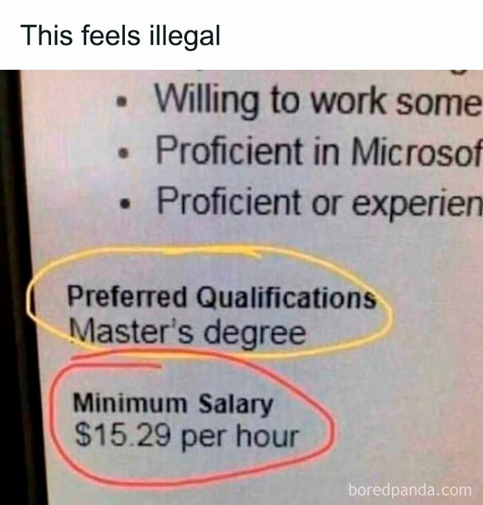 Job post requiring masters degree with low $15.29 per hour salary in random memes