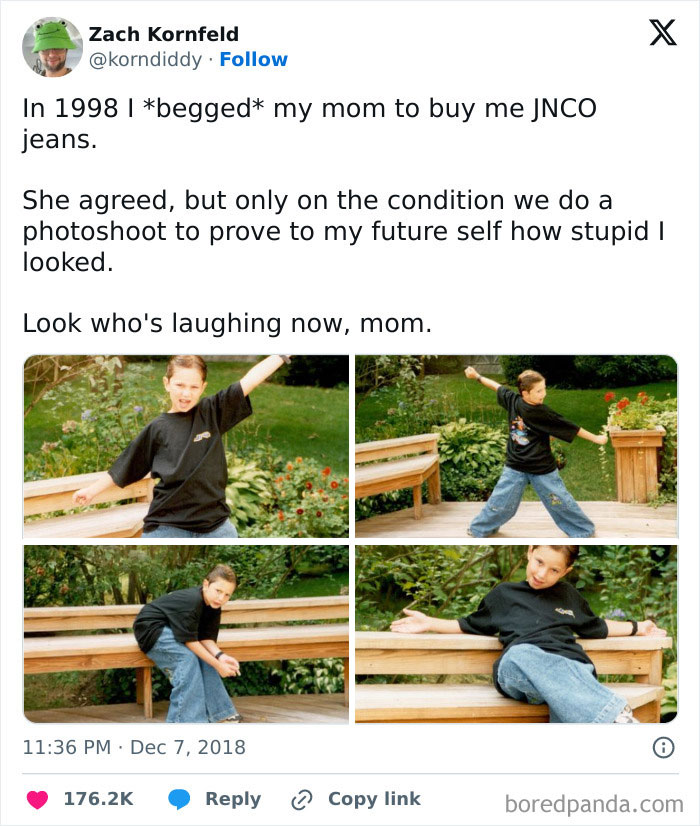 1998 photoshoot of a boy wearing baggy JNCO jeans for a funny throwback meme