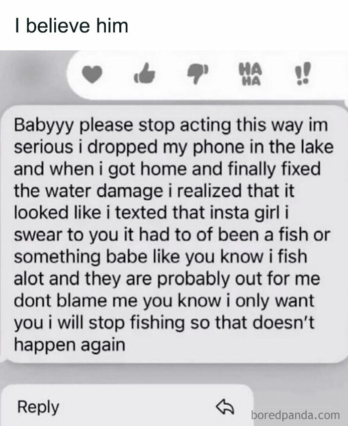 Text message explaining phone water damage caused a misunderstanding with fishing joke