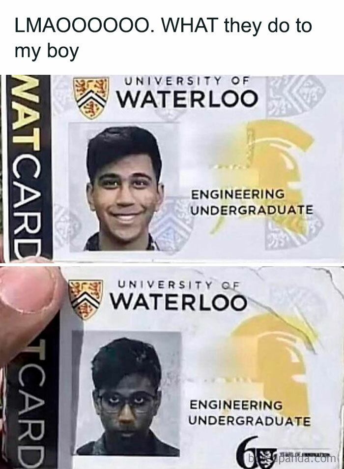 Before and after University of Waterloo student ID photos meme