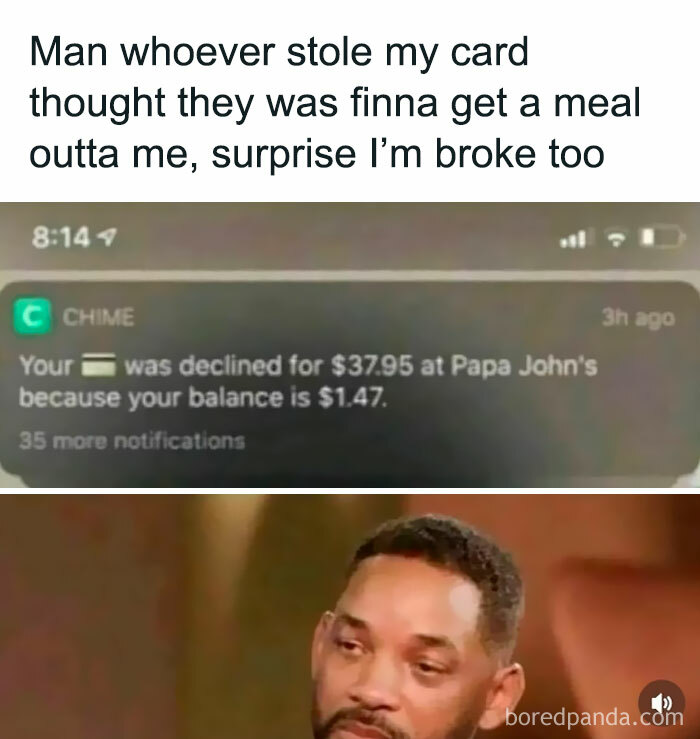 Hilarious notification meme about declined card payment and low balance