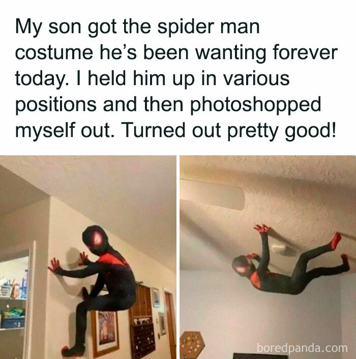 Child in Spider-Man costume photoshopped to look like climbing wall random funny meme